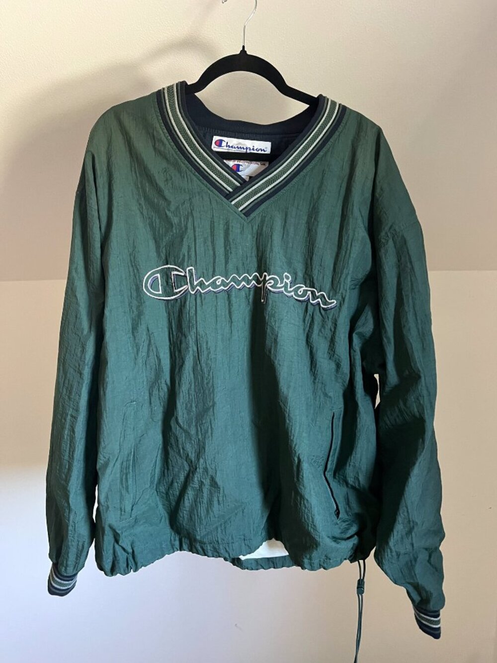 Vintage 90s Champion Nylon V Neck Pullover Windbreaker Green Men's L